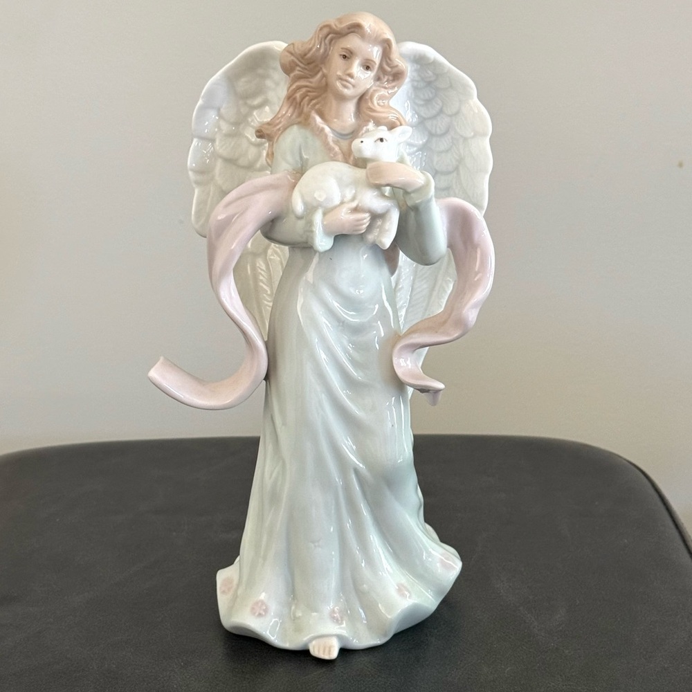 VTG Porcelain Angel Figurine Holding Lamb in Pastel Pink and White - Home Art
